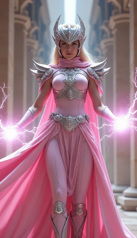 Light pink female Power Ranger inspired by Greek culture with helmet and armor with silver lightning bolts coming out of her hands with an Athena background