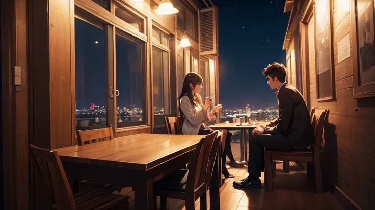 Man and woman dating　Sit a little distance away　Looking at the distant night view