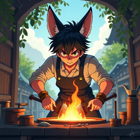 anime boy, blacksmith, orelhas de raposa