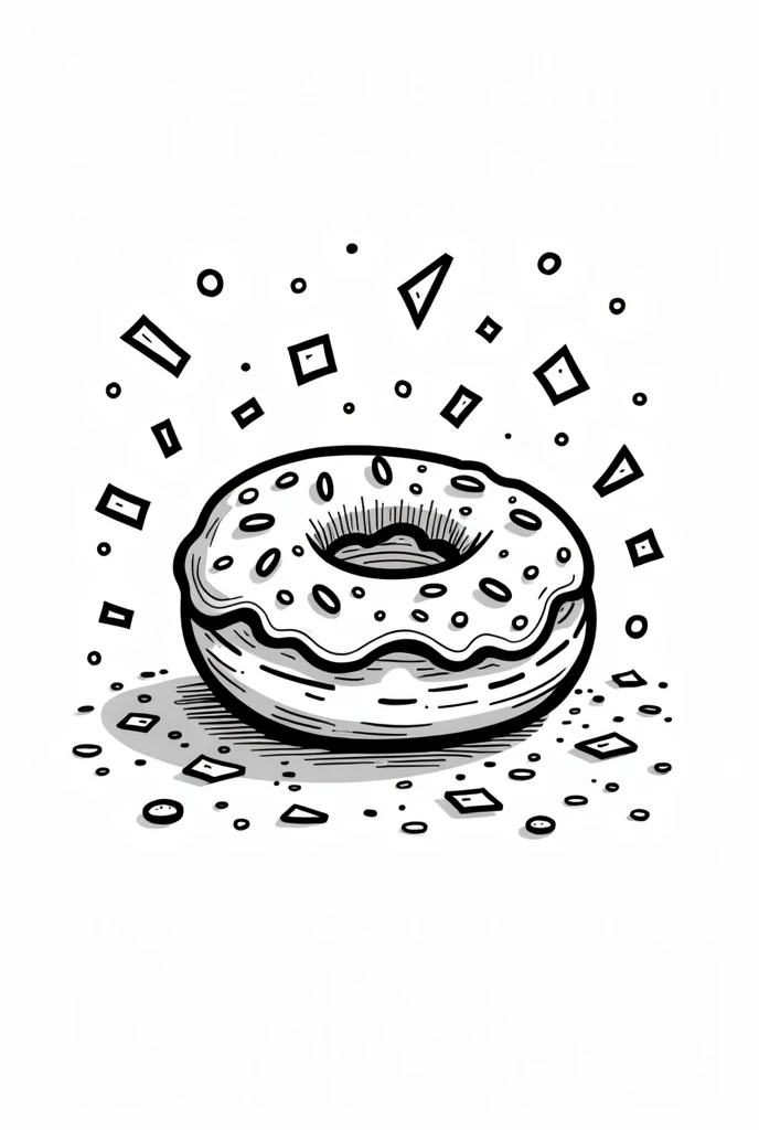 Make a drawing with a white background and black lines, coloring book style, he must be very cute, the design consists of a donut with frosting and confetti, in the style of a food coloring book 
