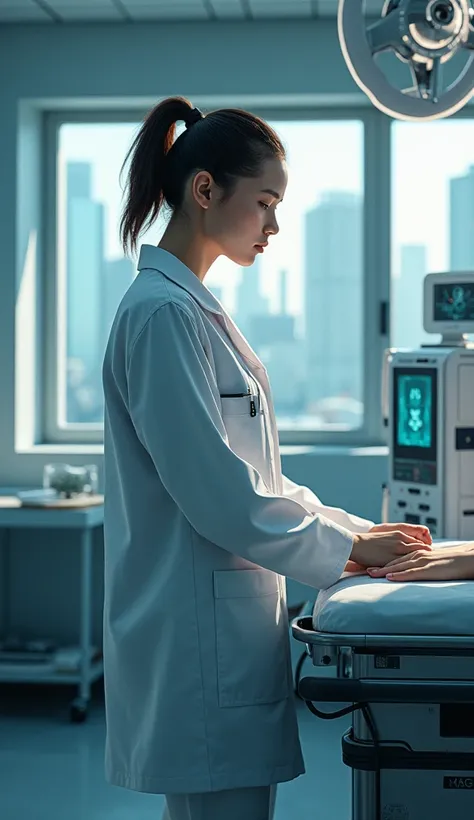 A doctor working tirelessly in a hospital setting, performing surgery or checking a patient, with a cityscape in the background representing society depending on them.