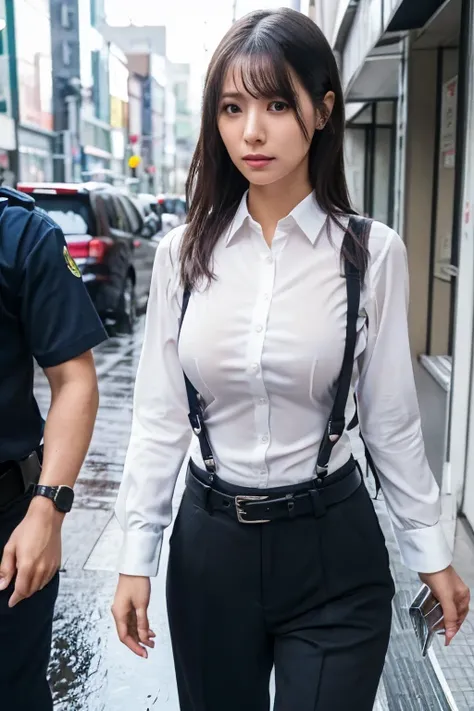 Woman in a suit, belt, Put your hands behind your back, sweating, suspenders, Black trousers, Sexy, Large Breasts, see-through clothing, rain, Detective, office worker, White button-up shirt, (Highest quality,4K,8k,High resolution,masterpiece:1.2),Very det...