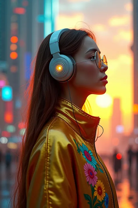 futuristic, long flowing hair, golden metallic jacket with vibrant floral patterns, large futuristic headphones adorned with clear lens, relaxed pose, looking into the distance, setting sun illuminating urban-scape, vibrant evening sky with a mix of warm h...