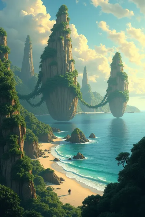 ((best quality)), ((masterpiece)), (detailed), costal area with beach and ocean ocean, beautiful sky, 5 flying mountains with vines connected to each of them