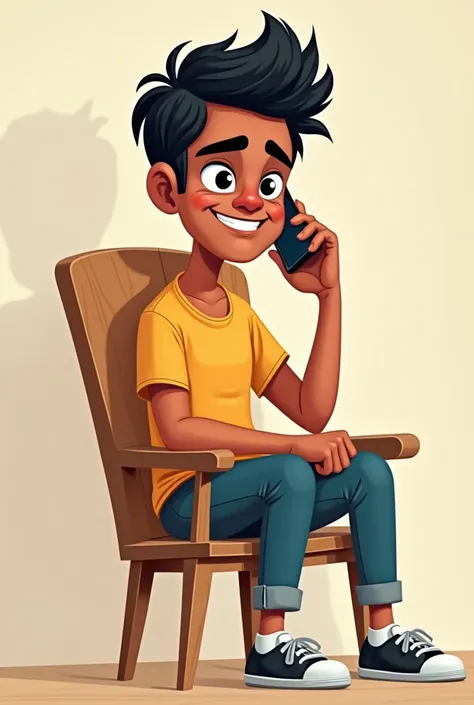 Generate image of a indian person aged 25 with a sarcastic face attending a call sitting on wooden chair as a cartoon 


