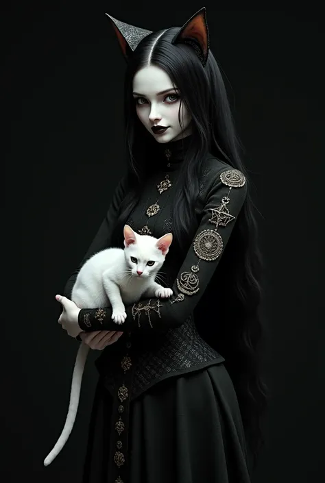 Skinny white cat girl with black hair, cat appearance, Villainous Sorceress, Black background, smiling evilly , white cat in arms 