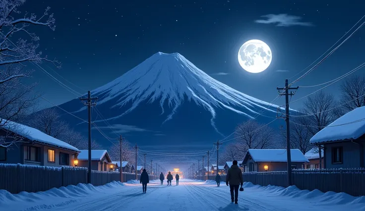 winter night, Mount Fuji shines under the light of the full moon, its snowy peak shining in the dark sky. Em Fujiyoshida, locals walk back to their homes after a day&#39;s work, the lights from the windows flickering in the distance. The atmosphere is cold...