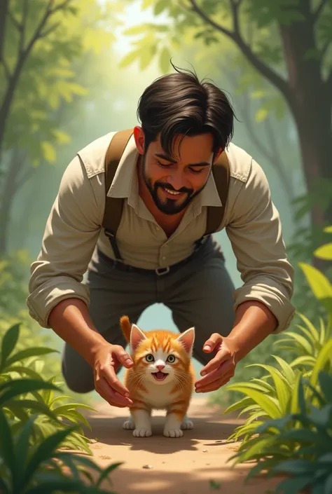 A kind man quickly arrives. He appears determined to save the kitten and shows kindness and concern.