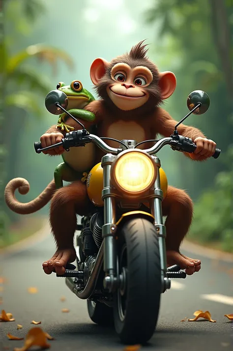 Monkey riding a motorcycle with a frog