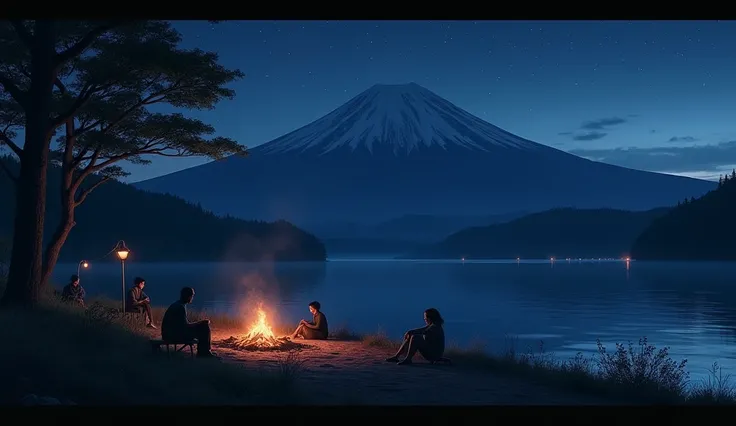 No Lago Yamanaka, Mount Fuji is covered in darkness, but its outline is still visible under the stars. In a nearby camping area, bonfires shine, and the low voices of the campers mix with the sound of the calm water. The silence is deep, interrupted only b...