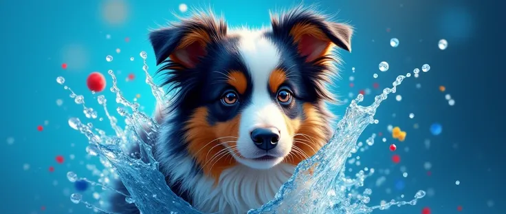 
Splash art un adorable chien berger australien dans une explosion de couleurs, fond bleu scintillant, en couleurs claires très détaillées sur fond blanc, photoréaliste, complexe, cinématographique et ultra détaillé et ultra réaliste en 8k.
