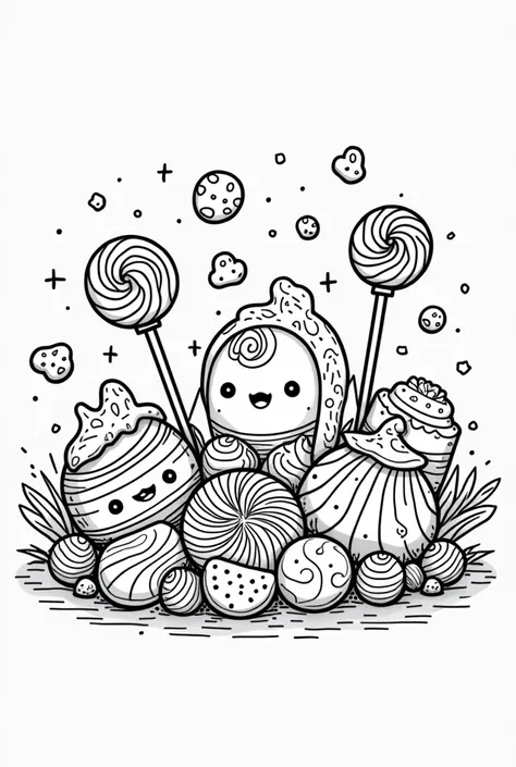 Make a drawing with a white background and black lines, coloring book style, he must be very cute, the drawing is made up of candies and lollipops, in the style of a food coloring book 
