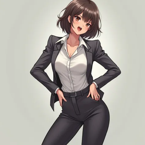 Short Hair_Big Breasts_very beautiful_Business Formal_An adult woman is frowning and has her mouth wide open、Pose with lower back、Hold your crotch with both hands、A lot of urine leaking out between the thighs