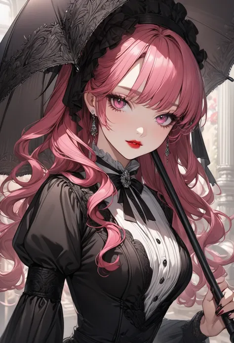 anime girl, hot pink hair, pink eyes, black dress, elegant, beautiful,  holding a black umbrella, victorian era, ultra detailed,...