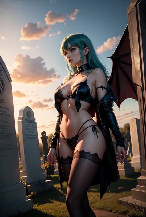 Morrigan Aensland, bright Eyes, evening, officer, clouds, murcielagos, cemetery,