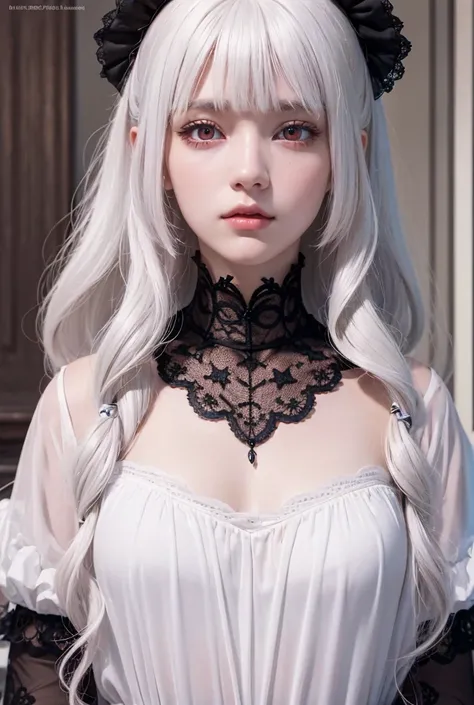 1 girl, High resolution, Masterpiece, Accurate, Anatomically correct, Best quality, Detail, HD model, High details, High quality, Quality, Super detail, Ultra HD, HD, White hair, Bangs, Wavy hair, Red eyes, POV, Canon, Symmetry, Isometric 3D, Arte gótica, ...