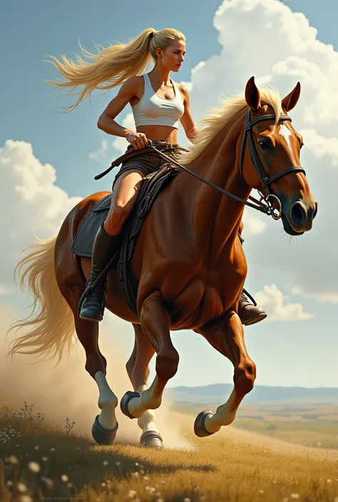 Athletic blonde woman on horseback