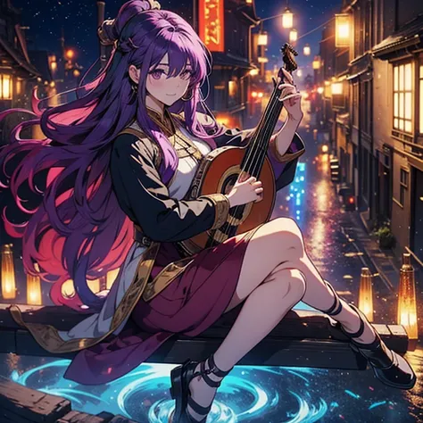 4K, high resolution, full body, female human, Bard, long purple hair, Asian features, holding a Lute, medieval city in the background.
