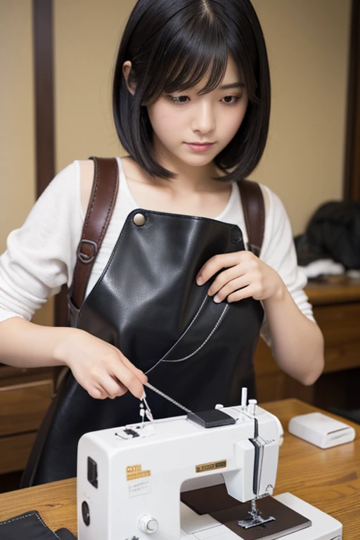 One girl, Black Hair, Shortcuts, High resolution, masterpiece, accurate, Anatomically correct, 最高quality, High detail, High-resolution model, 高quality, quality, Very detailed, Ultra high definition, Textured skin, 
Sewing a leather bag with a sewing machin...