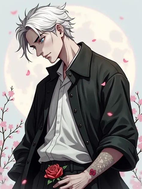 Cherry Blossoms at Night、A white-haired man standing with a full moon in the background、A rose in my hand