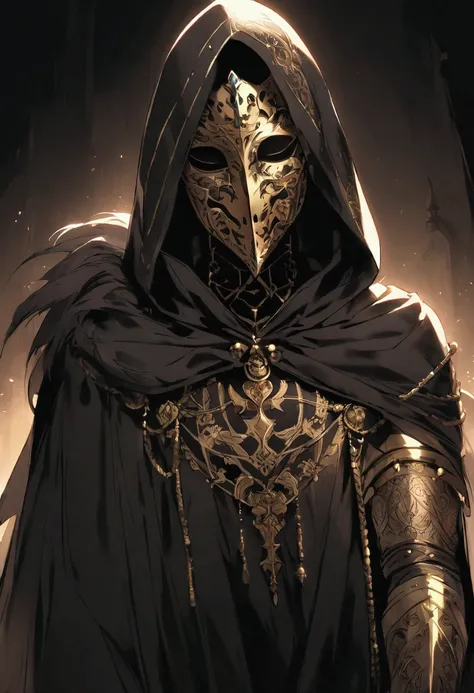 
Play as a criminal assassin wearing a black hooded cape with gold details, a medieval tattoo and a black cloth mask on his full-length face