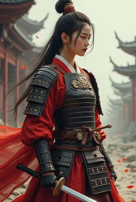 Realistic with intricate details, masterpiece. An Asian woman in samurai warrior armor holding a sheathed sword. high definition