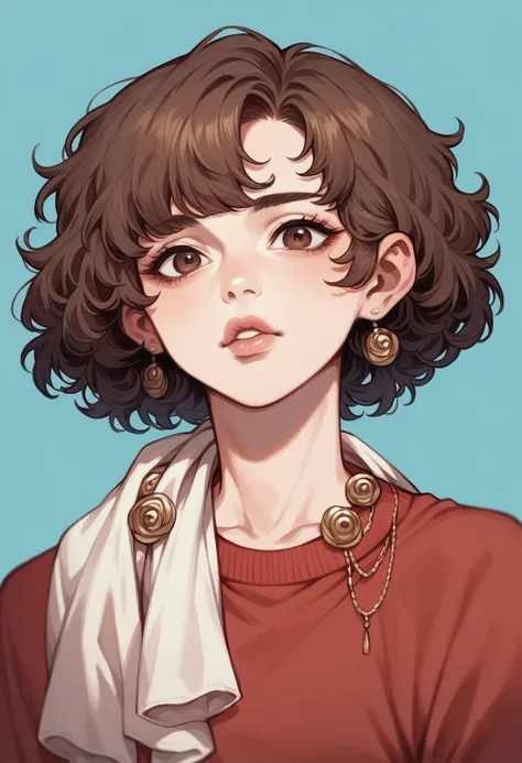 Create an anime-like image with a blue background of a girl with black skin color , small brown eyes, and outlined the eyes, somewhat thick lips, curly reddish brown hair with bangs, and have several accessories around your neck and a wine red sweater