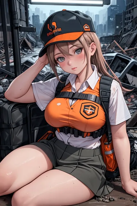 (Best Quality,8k,ultra detailed,realist,photorealist:1.2), beautiful girl,big breasts,sitting, wearing an orange bulletproof vest, holding a rifle, schoolbag, wearing a baseball cap, dirty, in a city of rubble, at night