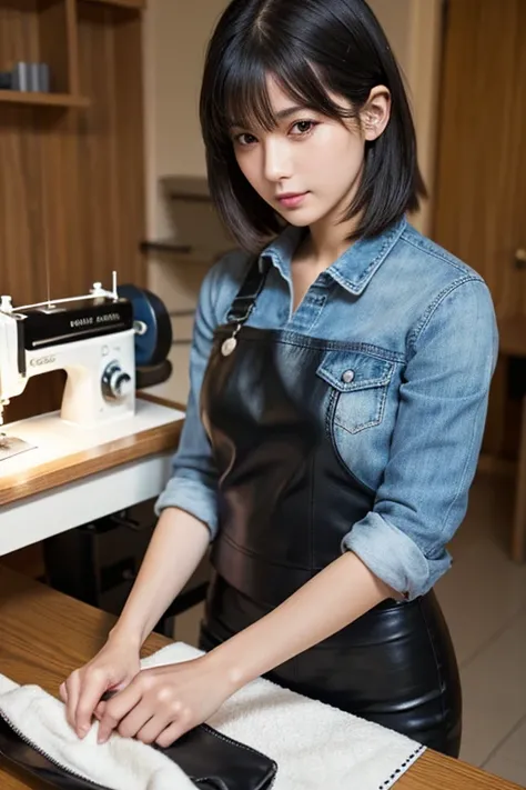 One girl, Black Hair, Shortcuts, High resolution, masterpiece, accurate, Anatomically correct, 最High quality, High detail, High-resolution model, High quality, quality, Very detailed, Ultra high definition, Textured skin, 
Sewing a leather bag with a sewin...