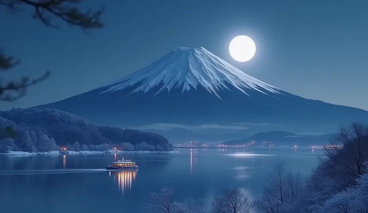 During a winter night, Mount Fuji is completely covered in snow, its summit shining under the moonlight. No Lago Ashi, the lights of the tourist boats are seen in the distance, moving slowly through the water. The air is cold and silent, and the mountain l...