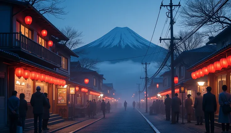 On a spring night, Mount Fuji is partially hidden by fog, with only its snowy peak visible. On the streets of Fujinomiya, residents are gathered in izakayas (Japanese bars) illuminated by red lanterns. Conversations and laughter echo through the night, as ...