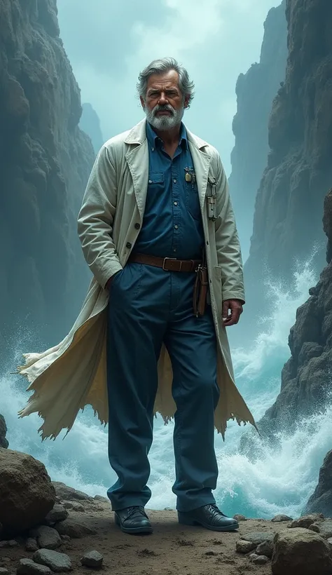 A doctor standing strong on a rugged path or amidst a storm, symbolizing overcoming challenges with wisdom and strength.