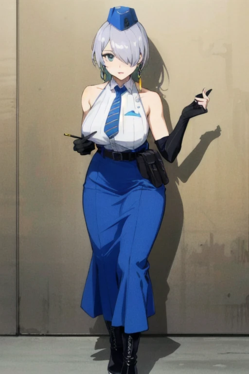 nikkebrid, large breasts, low ponytail, hair over one eye, earrings , garrison cap, sleeveless shirt, long skirt, blue necktie, belt pouch, elbow gloves, high heel boots