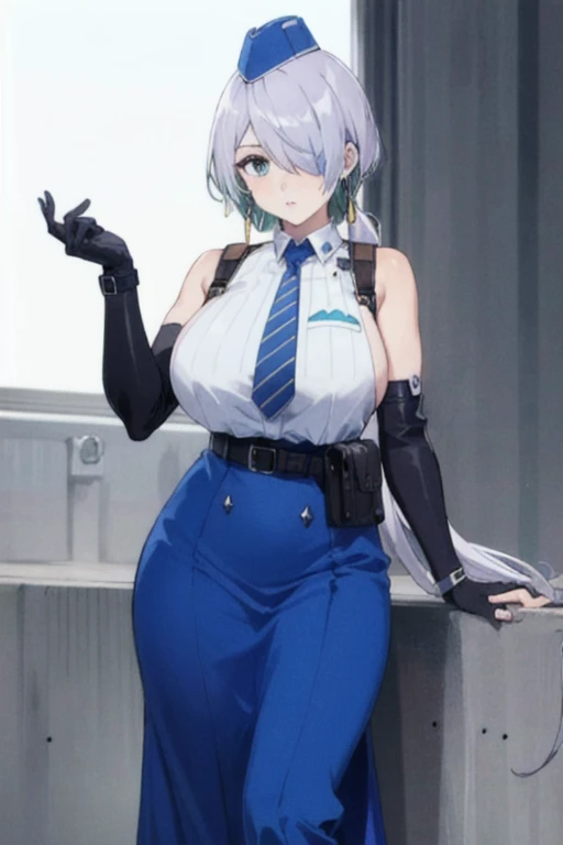 nikkebrid, large breasts, low ponytail, hair over one eye, earrings , garrison cap, sleeveless shirt, long skirt, blue necktie, belt pouch, elbow gloves, high heel boots