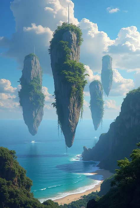 ((best quality)), ((masterpiece)), (detailed),costal area,  beautiful sky, 5 flying mountains with vines connected to each of them