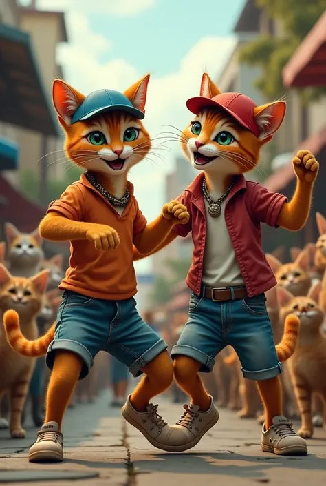 scene: couple of humanized cats (with cat body and face) who are dancing cumbia rebajada (very street dance). Cats dressed in jean shorts and shirts, caps. style: Photographic. bottom: group of friendly cats admiring them dancing