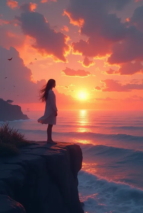 "A human figure standing on a cliff by the sea, looking at the horizon where the sun is about to set. There is a light breeze moving your hair and clothes, symbolizing the last breath. The sky is painted in dramatic shades of orange and purple, with clouds...