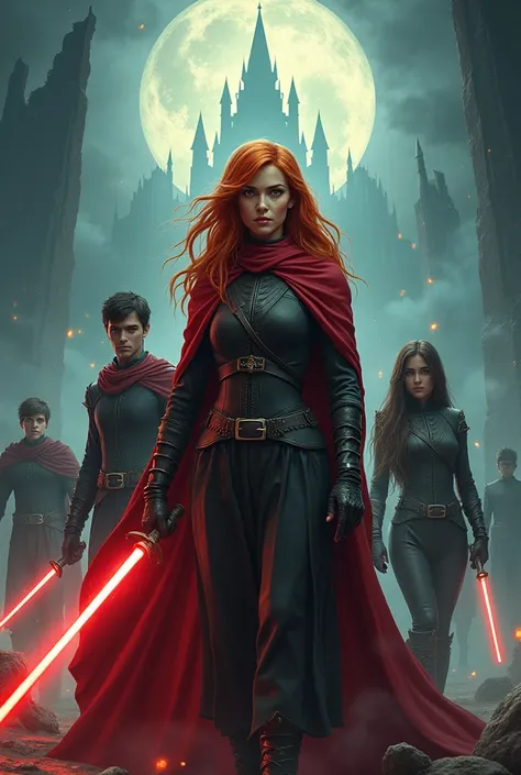 Create a book cover, name Empress Dystopia, saber witches and villains, the main character is a red-haired witch with brown skin and brown eyes, accompanied by three friends and a boy, herry potter style