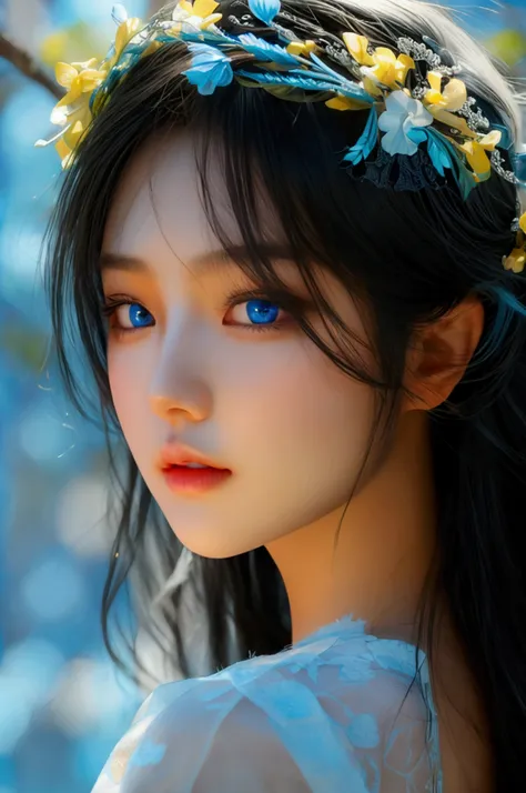 Asian girl from South Korea, Long hair, black hair, Tez blanca, blue eyes, textured skin, UHD, Very detailed, high quality, High details, quality, HD Model, The best quality, Tez blanca, Without dark circles, with perfect face, beautifulShine, bright light...