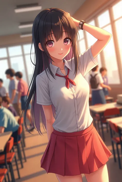 a japanese school girl student in anime fashion teenagers with straight hair with beautiful bangs in the cafeteria posing 