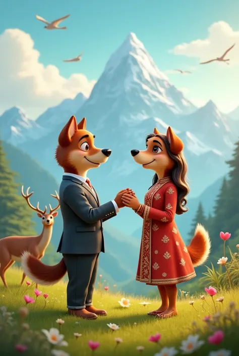 Male Dog proposes to female dog . Male dog wearing a clothes and. Female dog wearing kurtha. Background mountain,bird flying , dear graging grass 