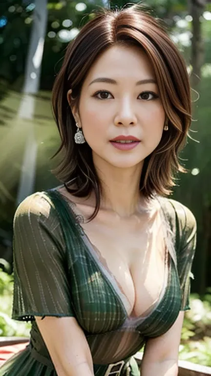 (Highest quality,Tabletop), Cinema Lighting､((The background is a misty forest:1.5))、 Japan Married Woman, Beautiful mature woman, brown_eye, ((Colorful hair colors:1.5)), (Short Bob Hair:1.0)、 Earrings, lips, Short sleeve,Realistic, Tight waist, charm, Lo...