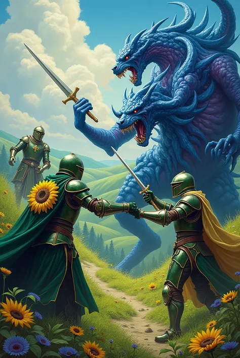 Green knights with sunflower emblem killing blue demons