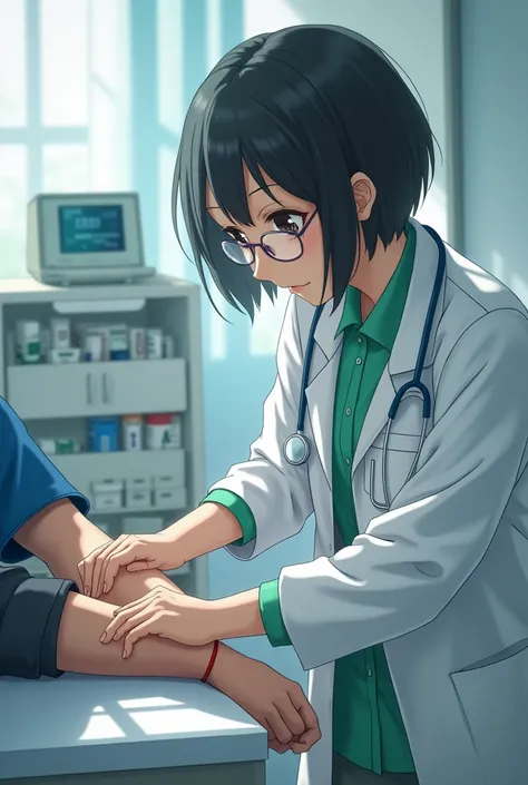 a japanes female doctor wear glases with bob black hair, wear green white doctor suit, help patient man take blood donate in the clinic room at the morning, super detailed pictures, HD, background bokeh