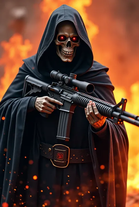 Grim Reaper holding a rifle in high definition with a fiery background

