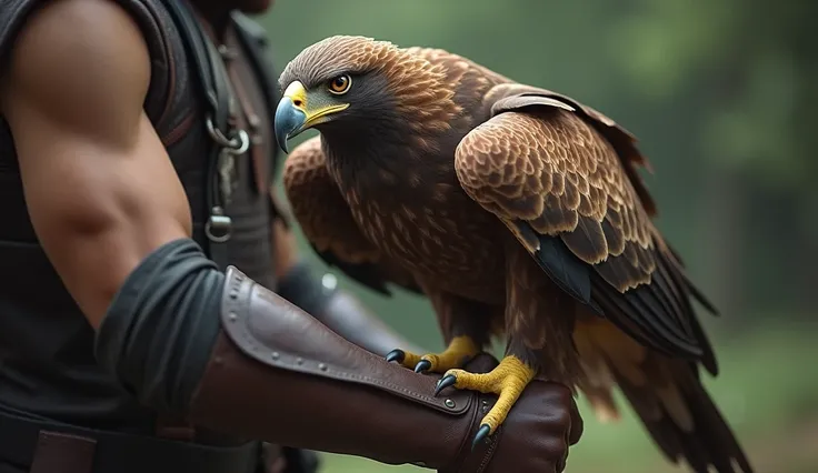 Eagle perched on a person&#39;s arm, in detail Create an ULTRA REALISTIC image of an eagle perched on a person&#39;s arm wearing a leather glove. The camera focuses on the details of the eagle&#39;s feathers and the attentive expression in its eyes., as lo...