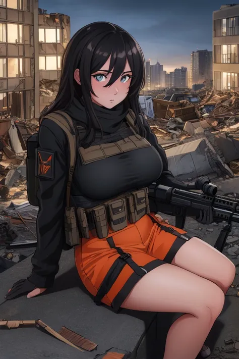 (Best Quality,8k,ultra detailed,realist,photorealist:1.2), beautiful girl,big breasts,black balaclava,sitting,orange bulletproof vest, holding a rifle, rifle, schoolbag,dirty, in a city of rubble,evening