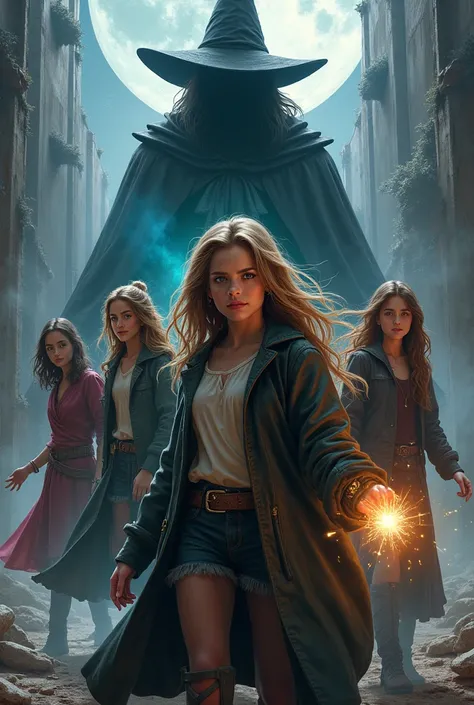 A girl discovers that she and her three friends are witches and has to fight a dark wizard., cover of a dystopian book by the empress, herry potter style.