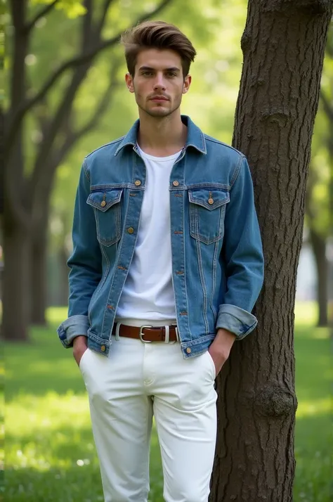 "A young man standing confidently beside a tree in an outdoor setting, wearing a stylish blue denim jacket over a white shirt and white pants. His hair is neatly styled, and the background features green trees, giving a relaxed and natural vibe."