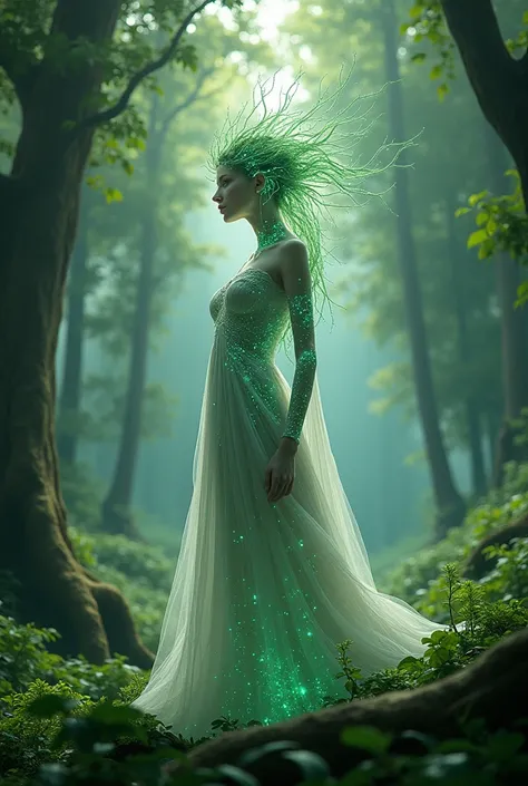 Create an image about sustainability with a goddess in the forest in an AI-like way looking like a cover for a scavenger hunt